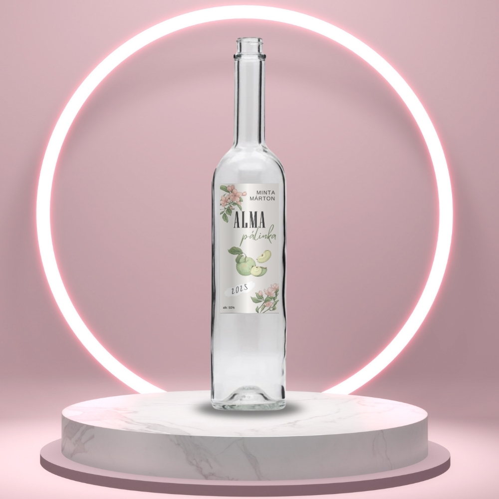 alma_palinka_uveg_cimke_viragokkal_es_rajzolt_zold_almaval_veony_uvegen