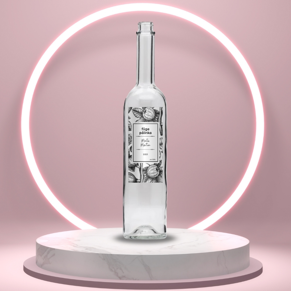 fuge_palinka_uveg_cimke_elegans_fekete_feher_rajzolt_fugekkel_vekony_uvegen
