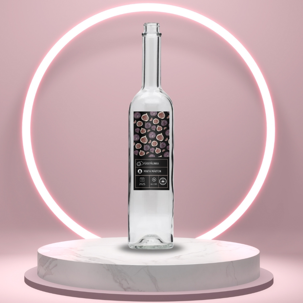 fuge_palinka_uveg_cimke_fekete_alapon_fugekkel_es_informacios_blokkal_vekony_uvegen