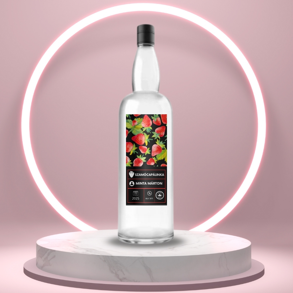 szamoca_palinka_uveg_cimke_fekete_alapon_szamocakkal_es_informacios_blokkal_uvegen