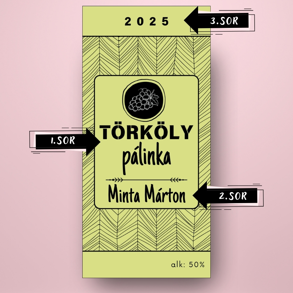 torkoly_palinka_uveg_cimke_zold_alapon_fekete_vonalrajzokkal_cimsorok